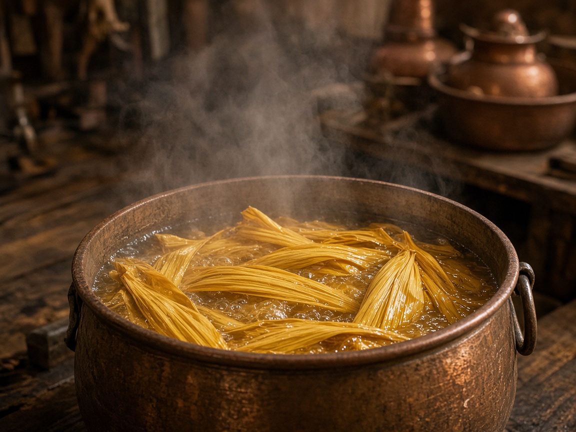 Palm leaves boiling in a traditional pot