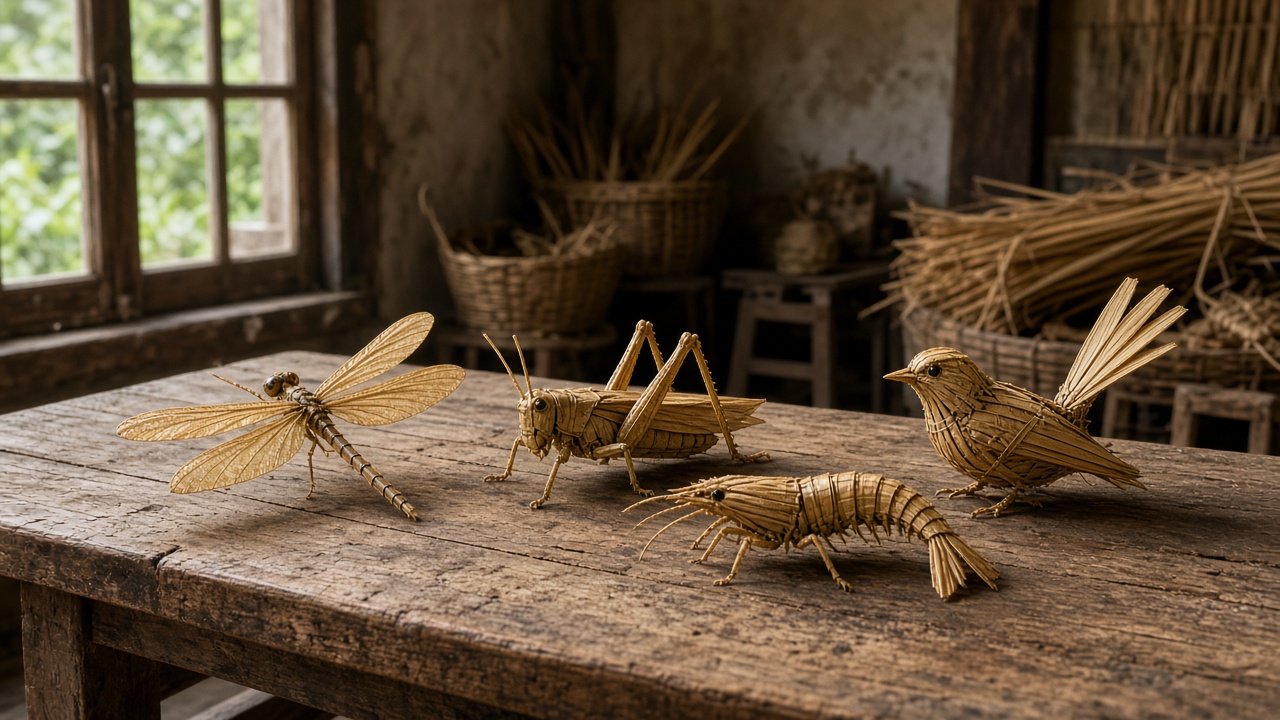 Changsha palm leaf woven crafts on a wooden table