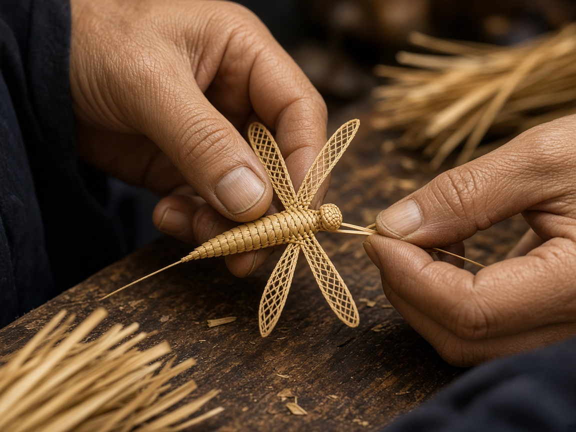 Artisan hands weaving palm leaf strips