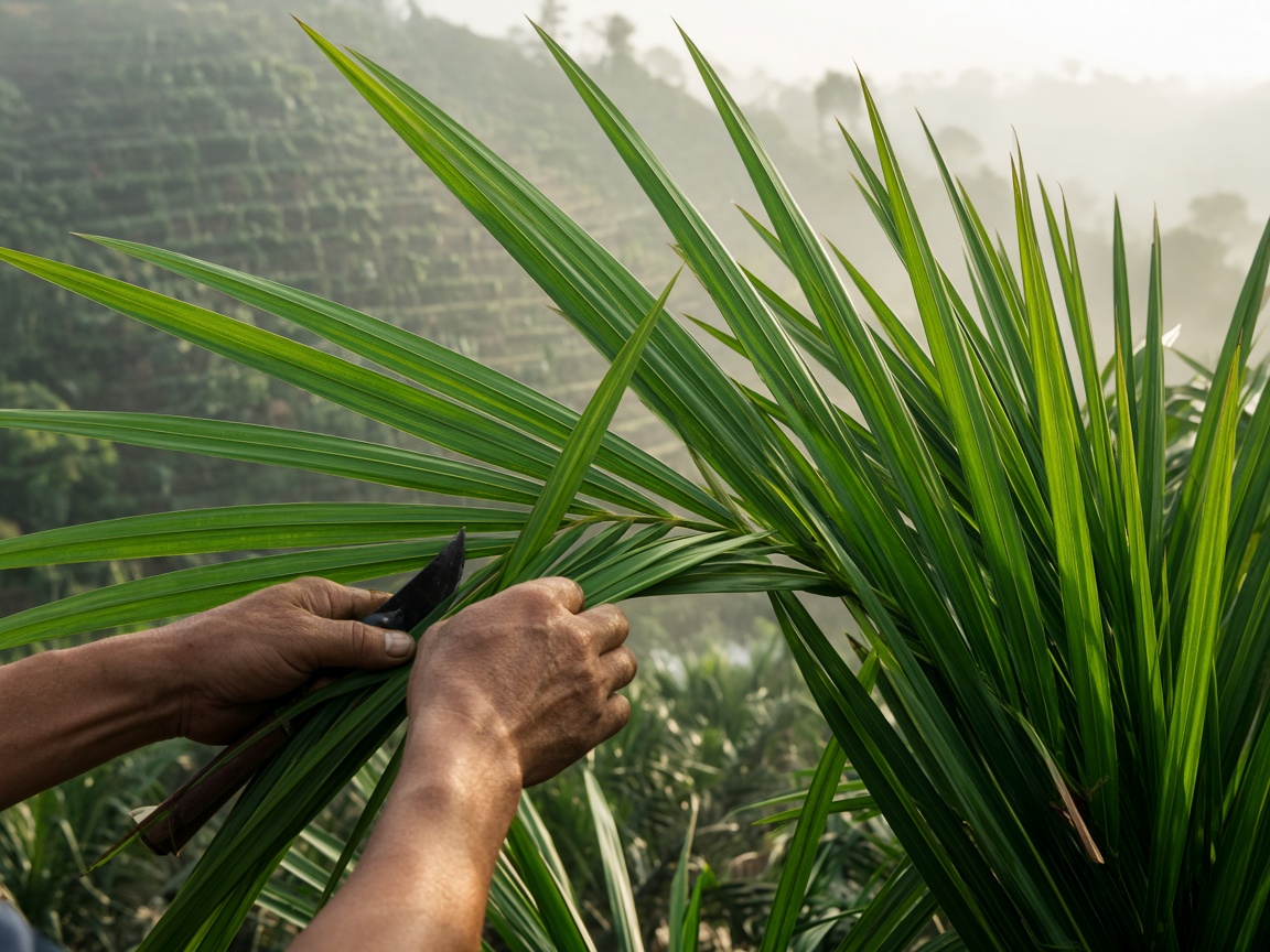 Harvesting palm fronds in the hills