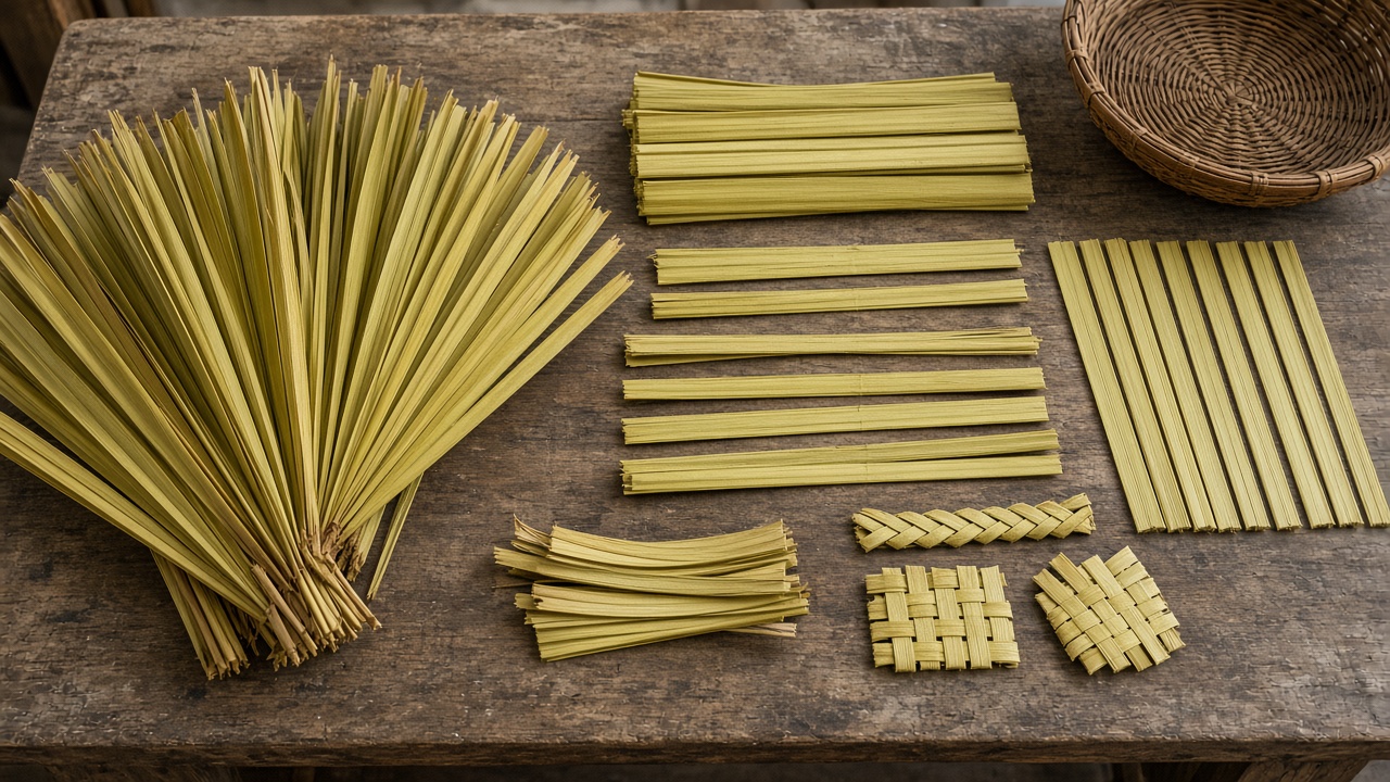 Cured palm leaves prepared for weaving