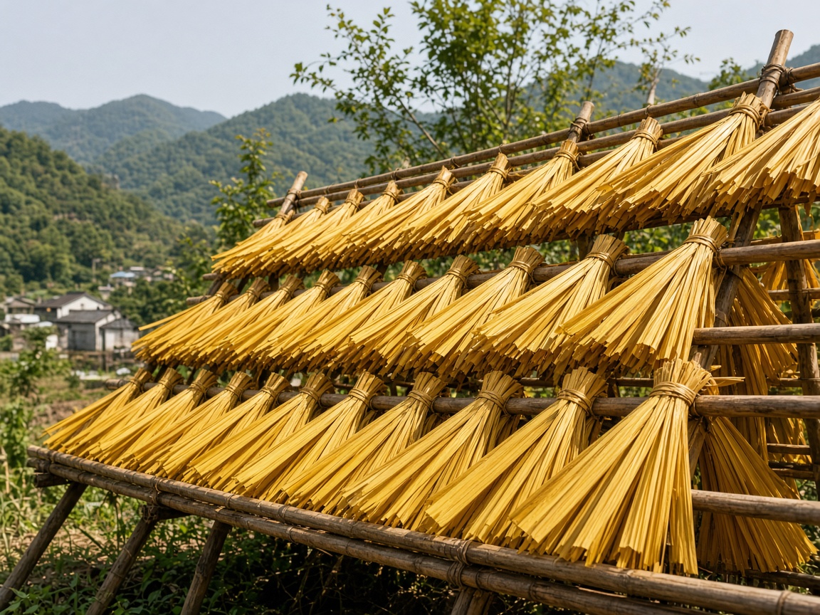 Palm leaves sun-drying on bamboo racks